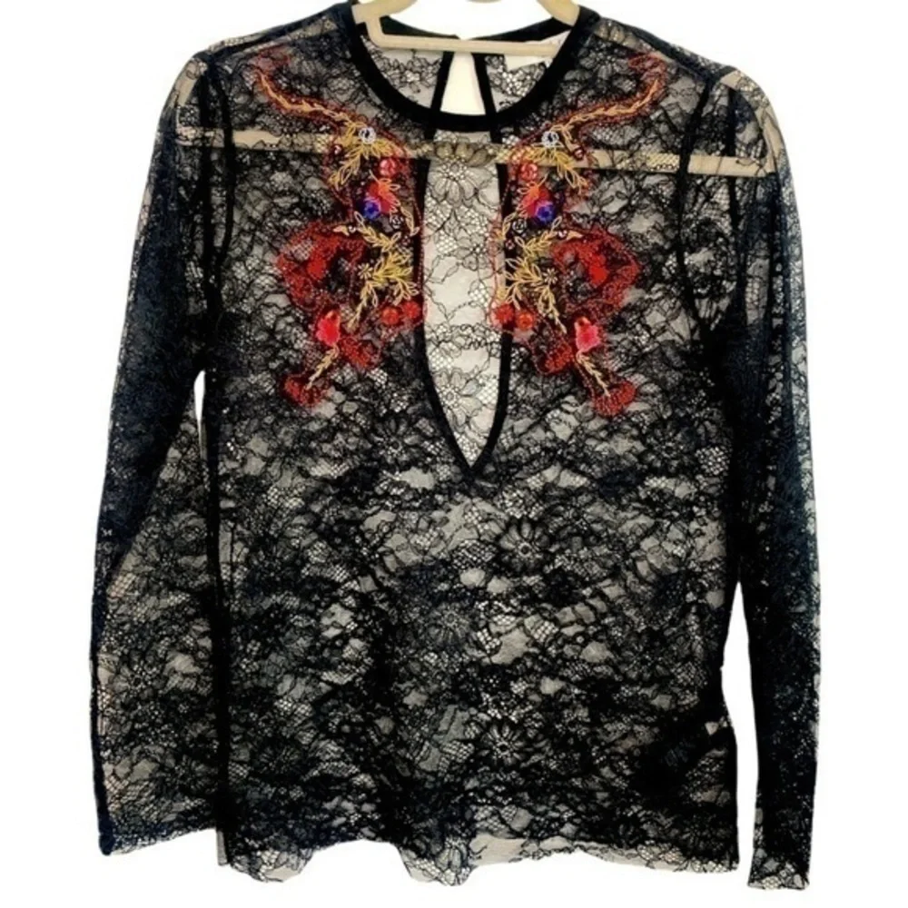 Sandro Paris Black Lace Long Sleeve Embroidered Tiger Size Small